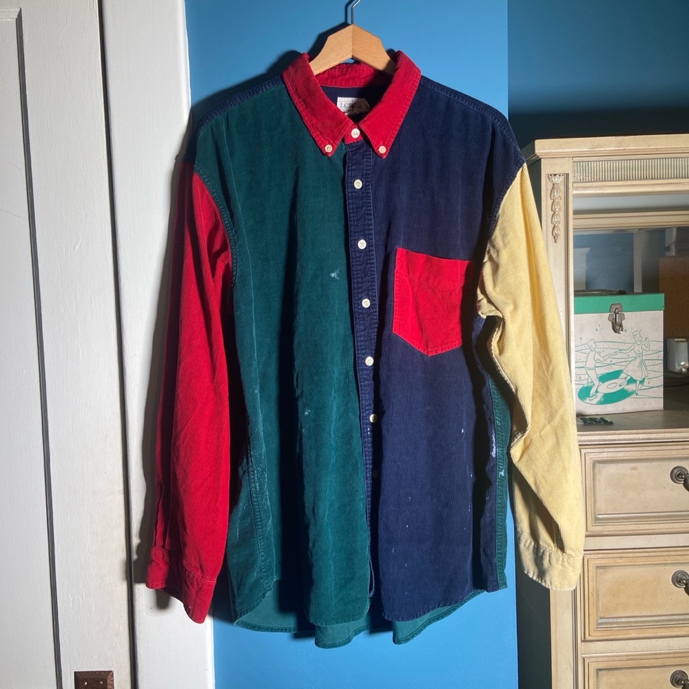 1990s Vintage J. Crew color block corduroy button-up patchwork shirt